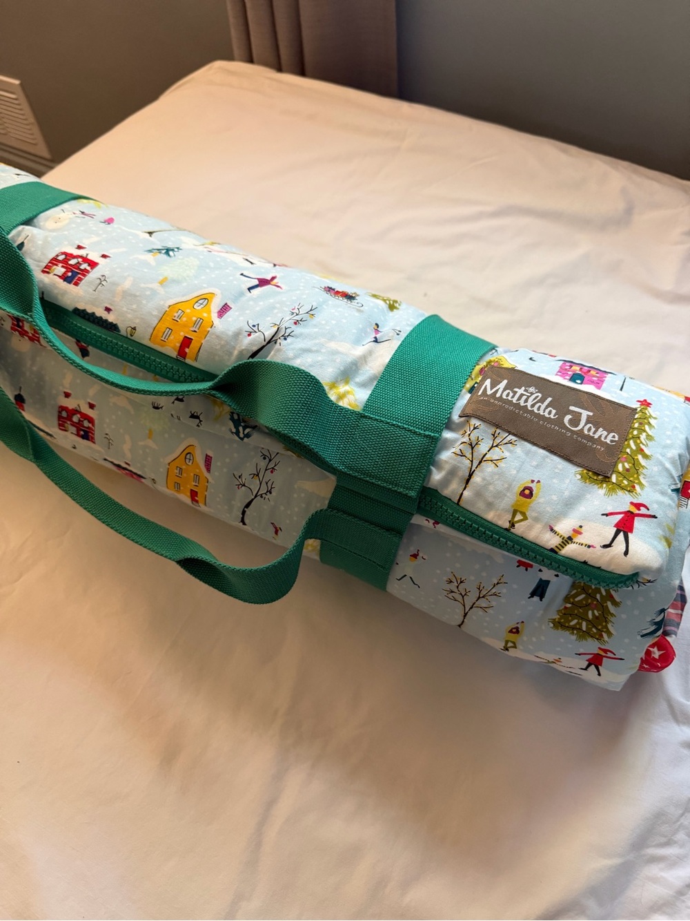 Matilda Jane Light Blue Holiday Village Sleeping Bag with Green Straps